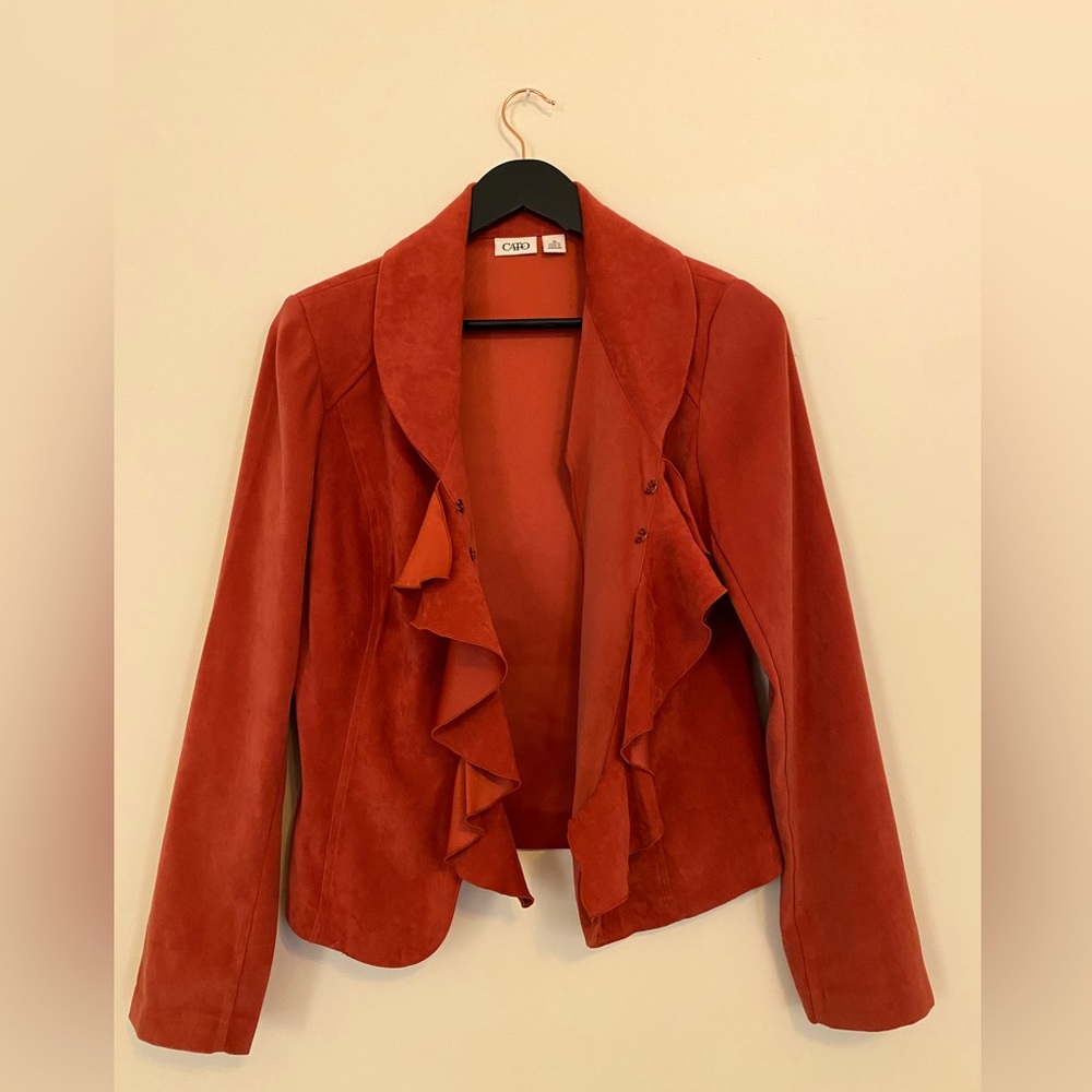 Cato Jacket. deep rust color. Faux suede material.